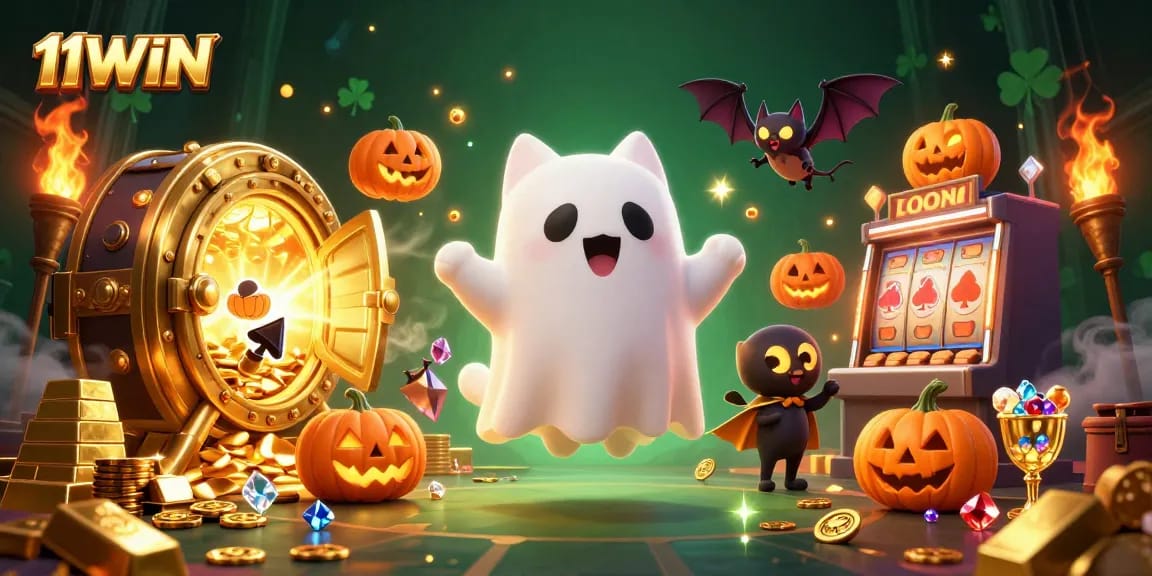 Experience thrilling gameplay at 11WIN with a lively ghost cat and bat in a haunted casino