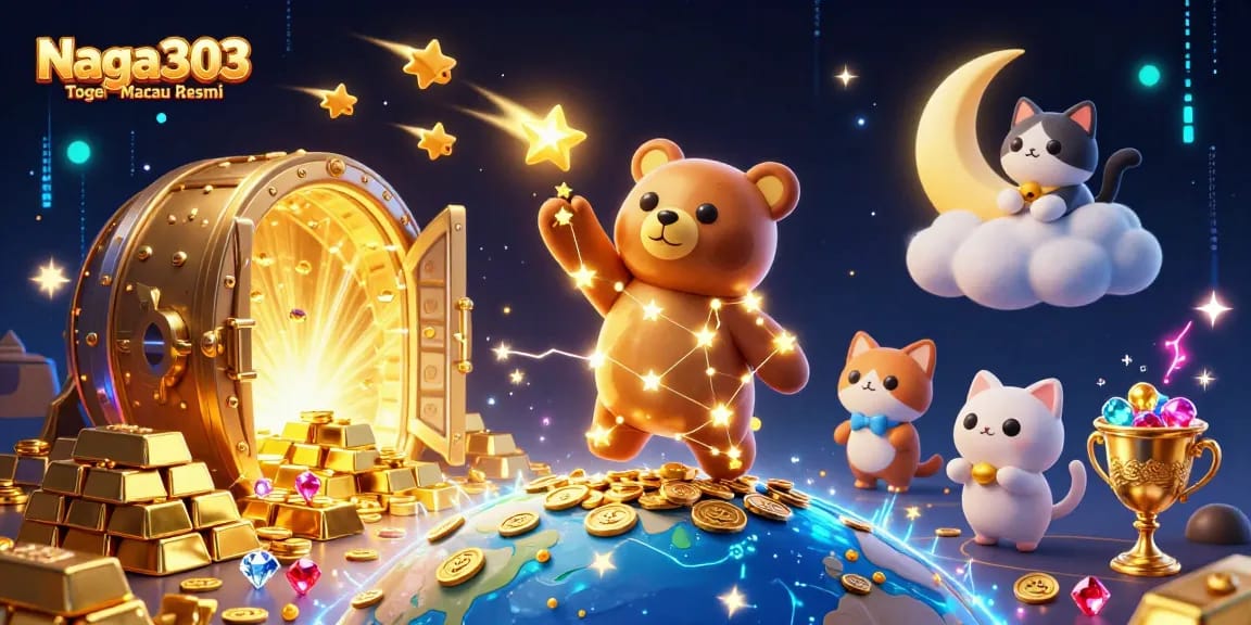 Naga303 Togel Macau Resmi features a magical scene of a constellation bear gathering coins, enhancing engaging gambling experiences.