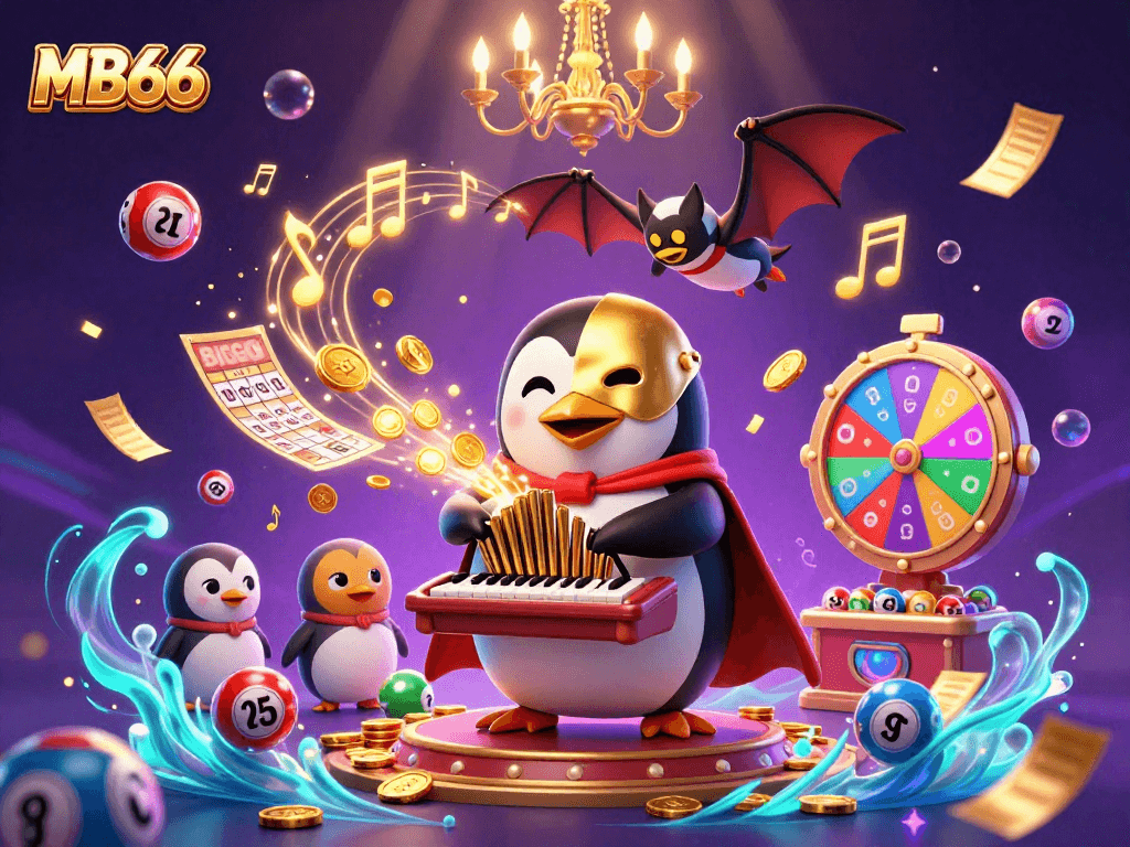Engage with exciting gambling at MB66 featuring a playful penguin, golden coins, and colorful lottery games.
