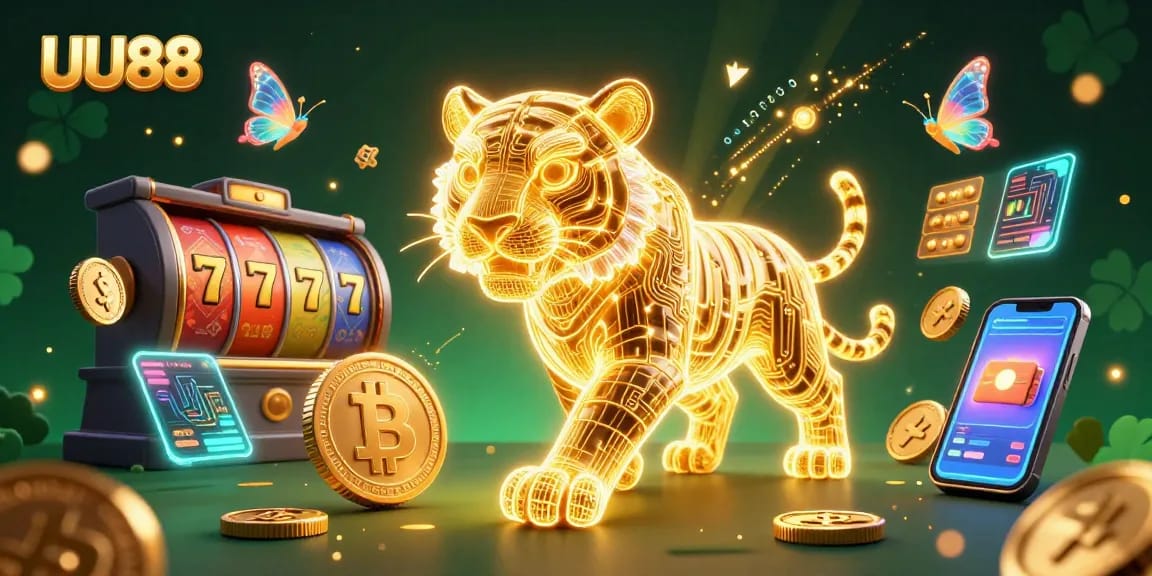 Experience the thrill at UU88 with a vibrant digital casino featuring a neon tiger, slot reels, and crypto elements.
