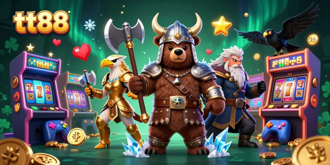 Engage with tt88's vibrant casino world featuring a Viking bear and Valkyrie eagle amidst slot games and glowing coins.