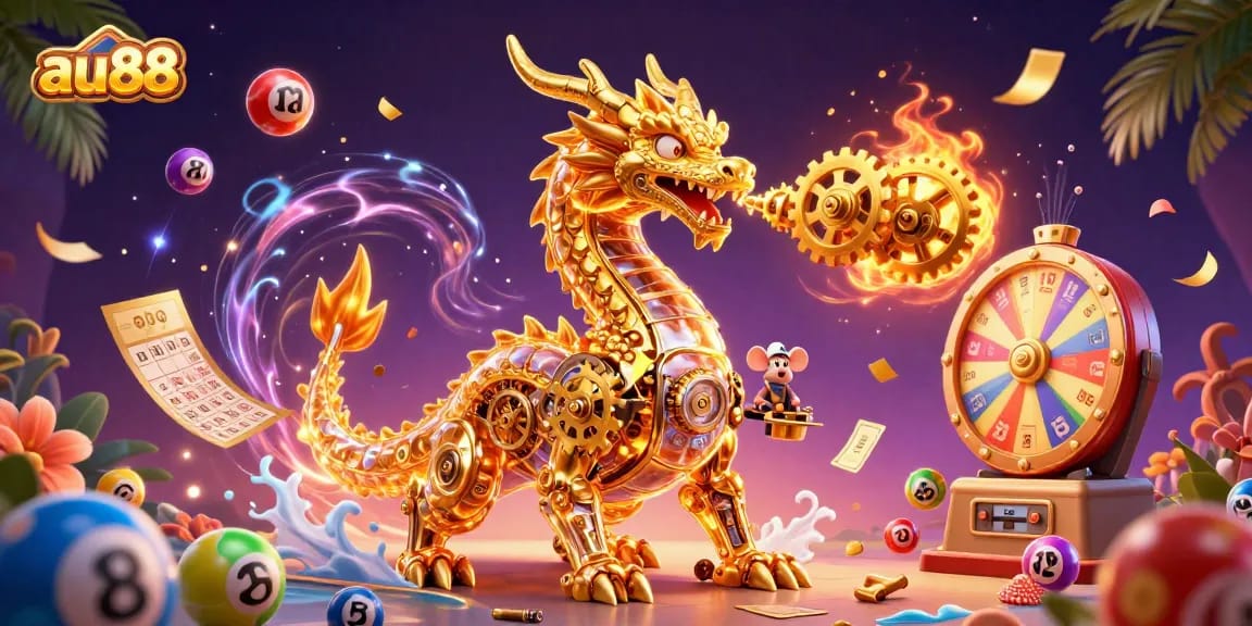 Experience the thrill of au88 with vibrant lottery elements and a golden dragon in this dynamic casino illustration.