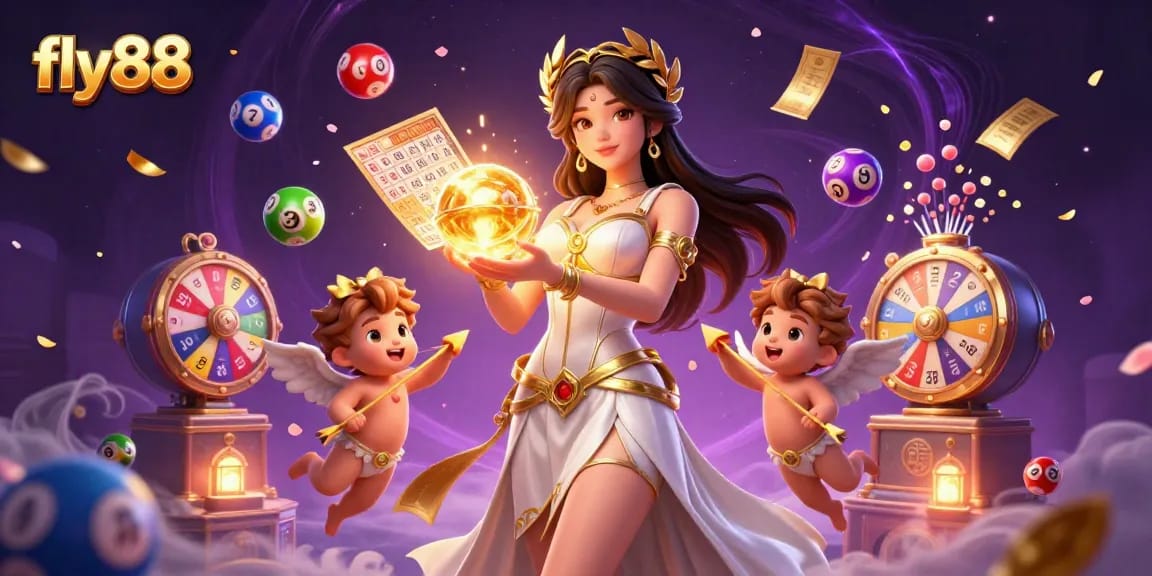 Win at fly88 with a vibrant lottery experience featuring characters surrounded by dynamic game elements.