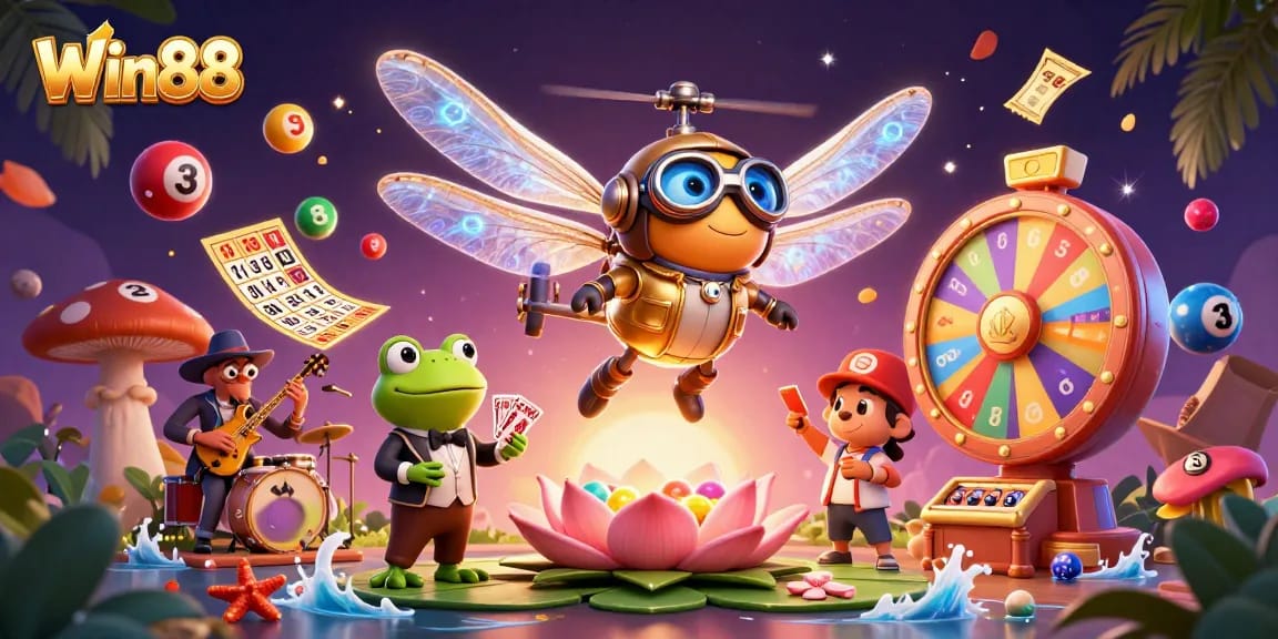 Win88 showcases a vibrant casino scene with a dragonfly pilot and frog croupier during a thrilling gaming moment.