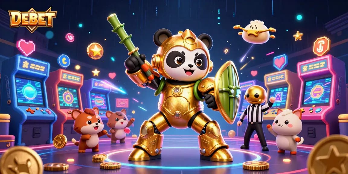 DEBET gaming showcase featuring golden panda in mech-suit with vibrant casino elements.