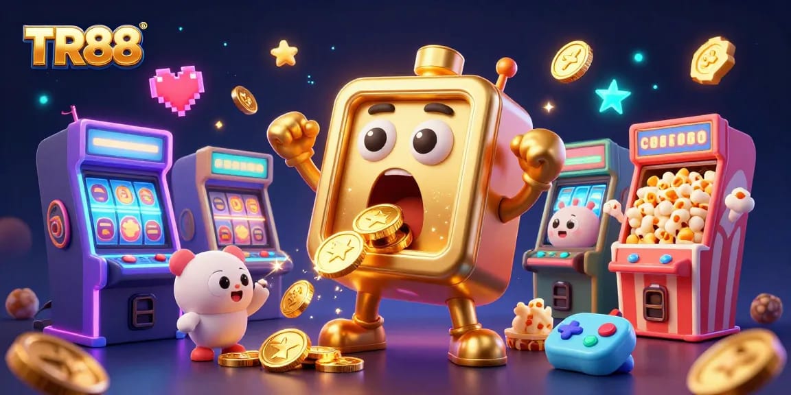 TR88 slot machine celebrates jackpot win, surrounded by cheering mini machines and a magical atmosphere.