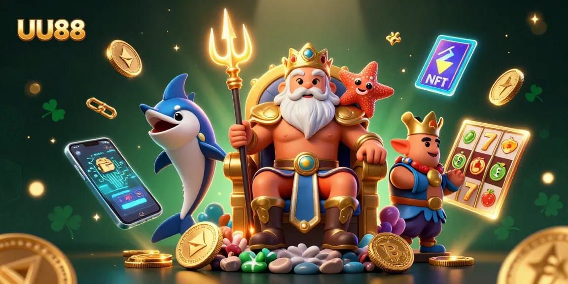 Experience exhilarating jackpots with UU88 in a vibrant 3D casino illustration featuring Neptune and crypto elements