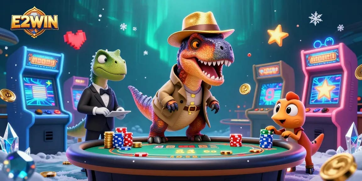 E2WIN offers a vibrant casino scene with a velociraptor card counter and stegosaurus pit boss amidst thrilling gameplay.