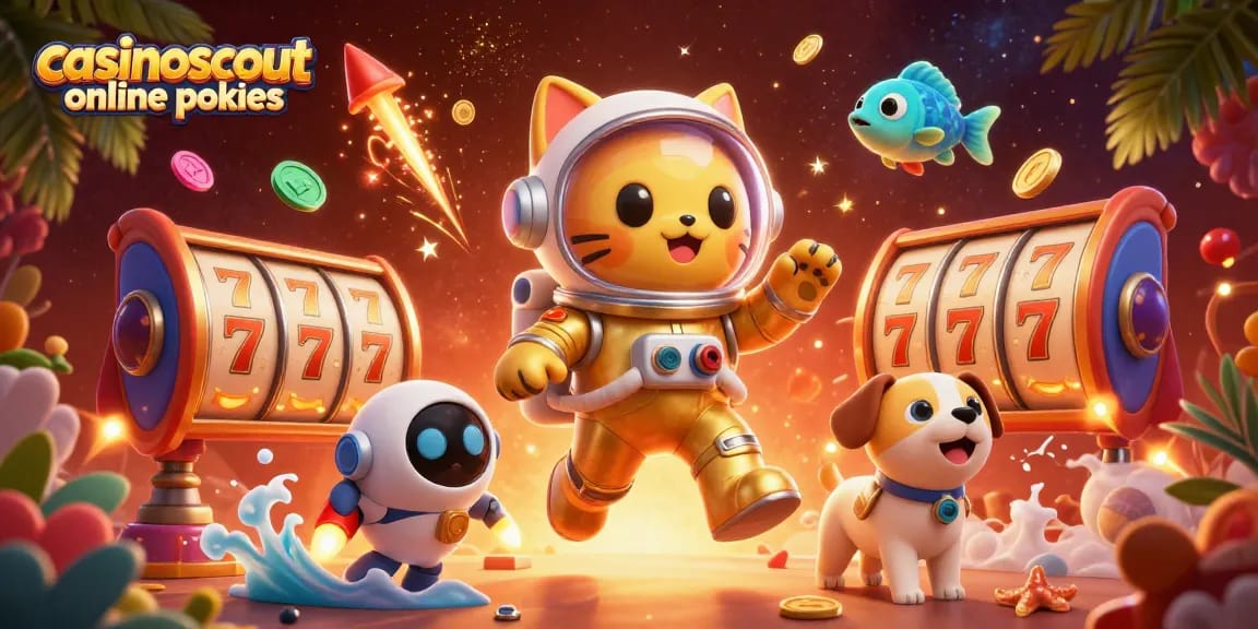 Engage with casinoscout online pokies through this vibrant 3D illustration of a space cat and robot dog in a casino universe.