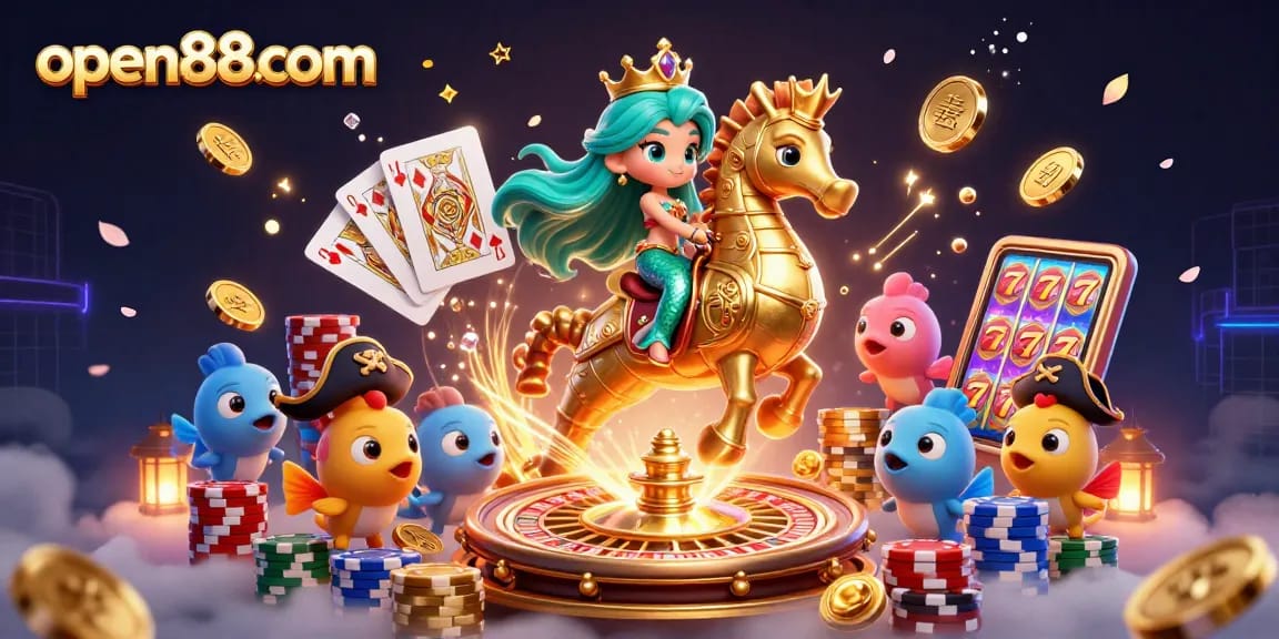 Experience the excitement of open88com with a vibrant 3D casino scene featuring a mermaid and seahorse.