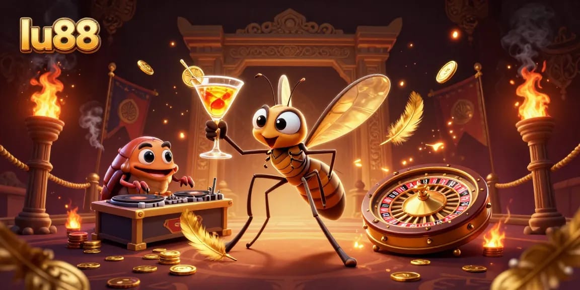 Experience thrilling gameplay at LU88 with a 3D mosquito mascot and casino elements in a vibrant scene.