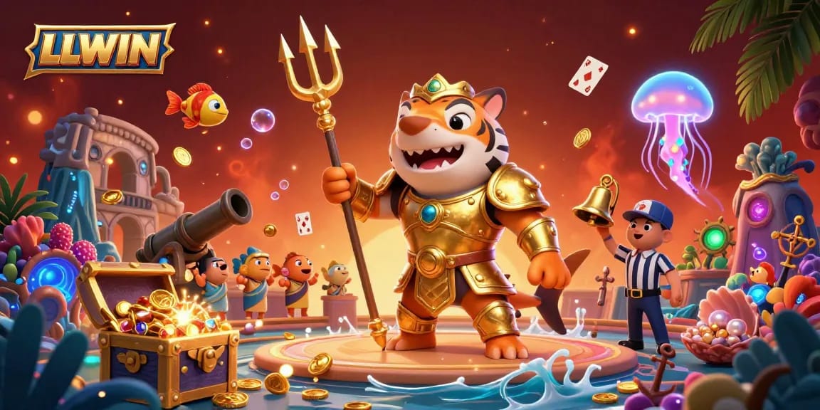 Engage with exciting gameplay at LLWIN featuring dynamic underwater casino action with a tiger shark and vibrant treasures.