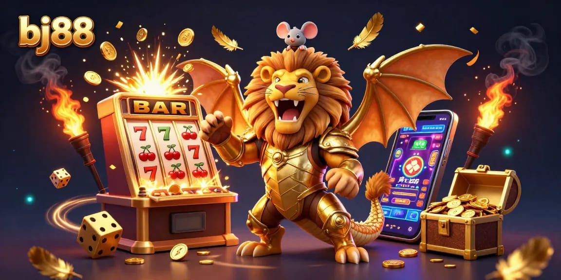 Experience the excitement of bj88 with a vibrant casino scene featuring a roaring chimera and a jackpot explosion.