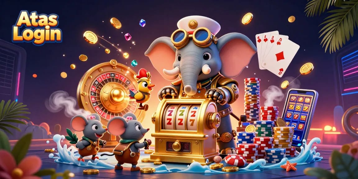 Atas Login: Engage in thrilling casino action with a steampunk elephant at the slot machine.