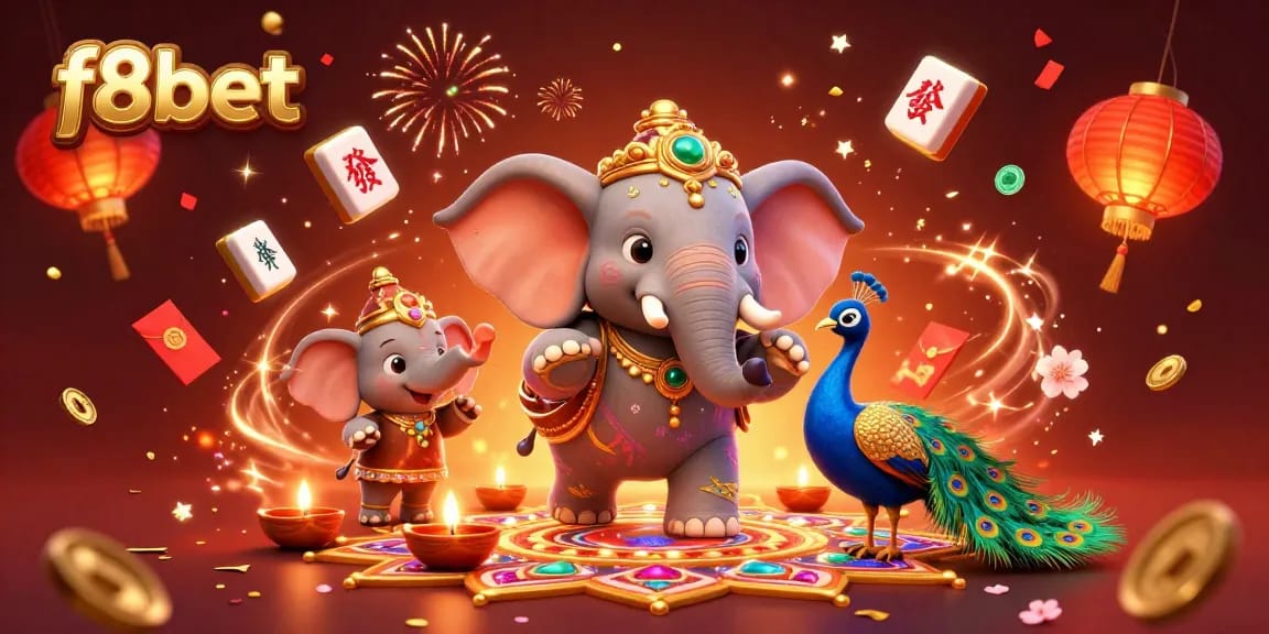Experience thrilling wins with f8bet in this vibrant 3D casino-inspired scene full of festive elements.