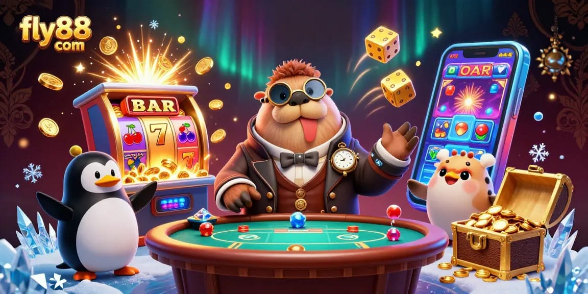 Experience thrilling gameplay at fly88 com with a jolly walrus in a lavish poker scene.