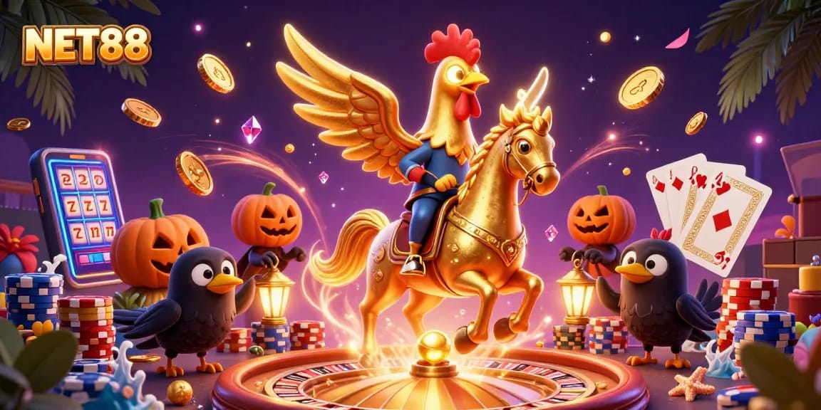 Experience NET88's dynamic casino atmosphere with a golden rooster and joyful chaos of gaming elements.