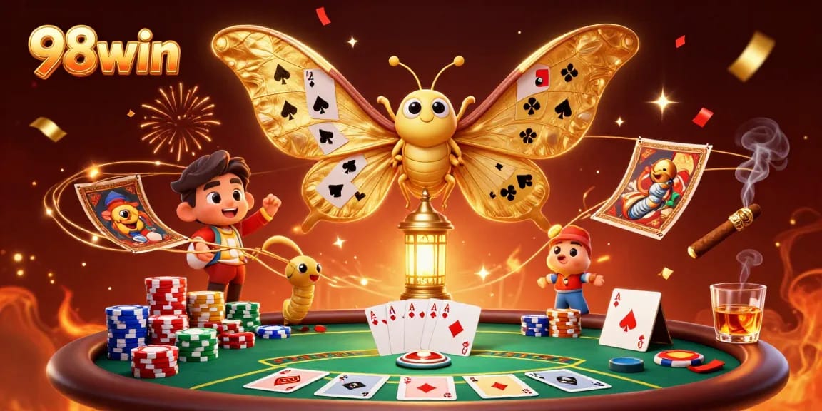 Engage with 98win's vibrant casino scene featuring a majestic moth and a dynamic poker table.