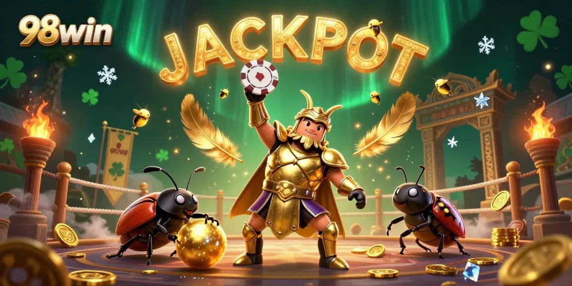 Play and win big at 98win with a vibrant casino-themed illustration showcasing excitement and rewards.