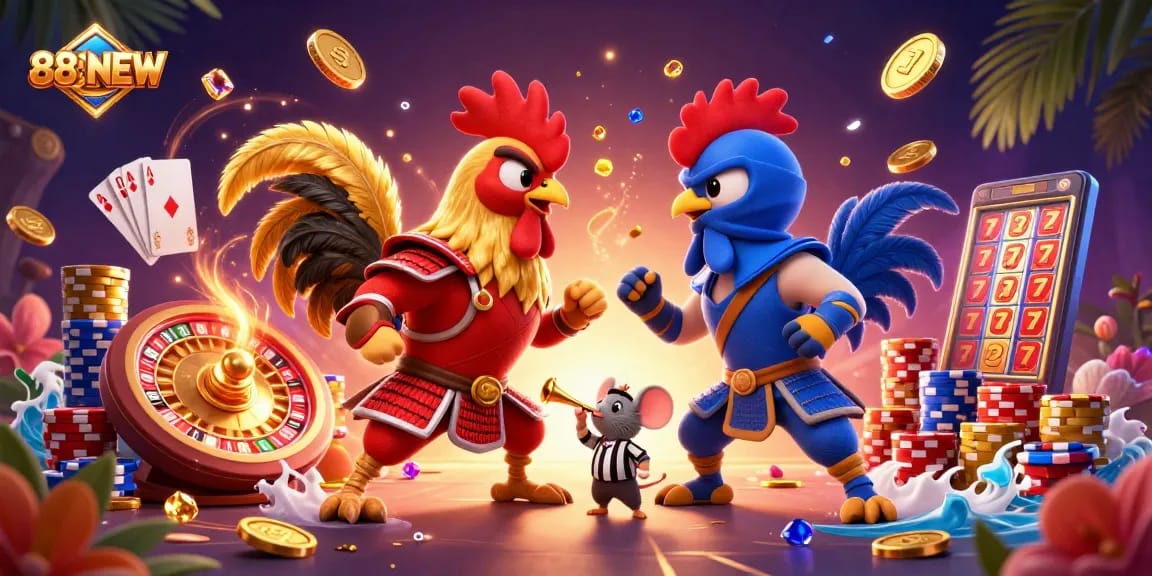 Engage with 888NEW's thrilling gaming experience featuring combat-ready roosters among casino elements.