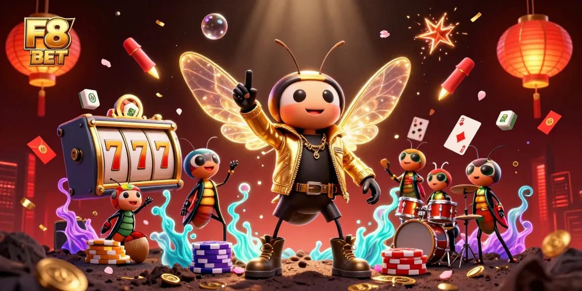 F8BET features an energetic casino scene with a rock star cicada and vibrant game symbols.