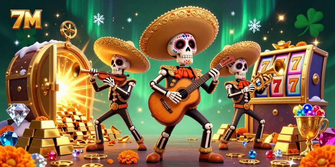 Experience the excitement of 7M with vibrant casino elements and a colorful mariachi band illustration.