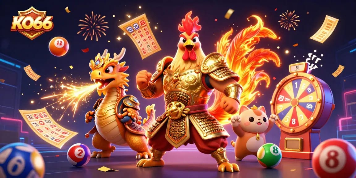 Engage with KO66's thrilling jackpot adventures featuring wild characters and vibrant gaming elements.