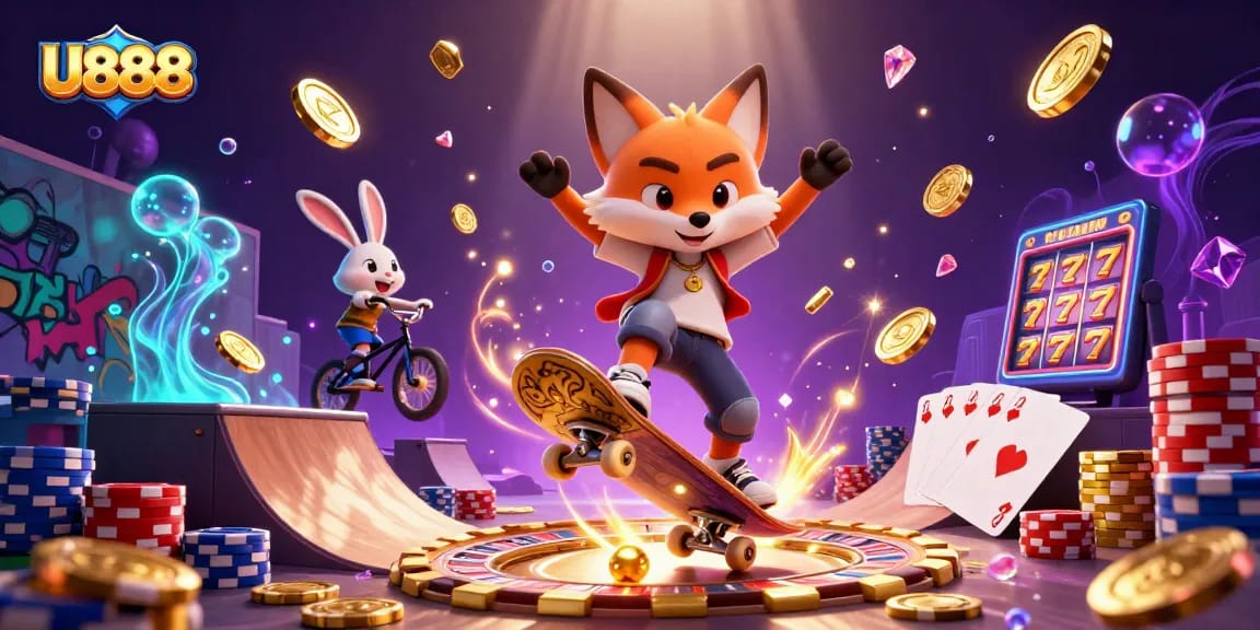 Experience thrilling games at U888 with a dynamic illustration of a fox and rabbit in a casino setting.