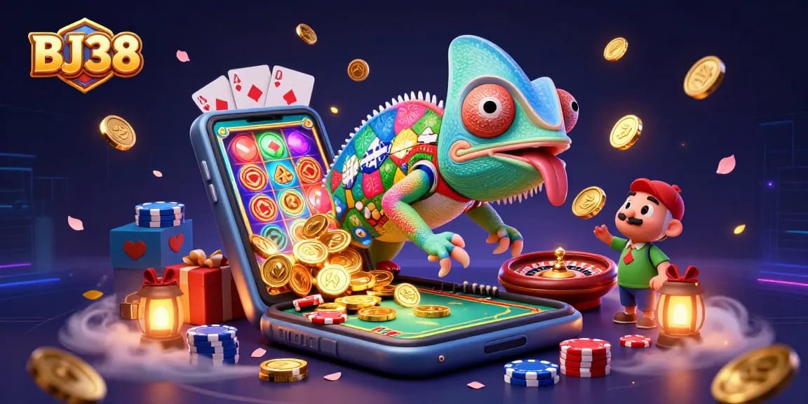 Experience the vibrant action at BJ38 with captivating illustrations of dynamic casino gameplay and exciting promotions.