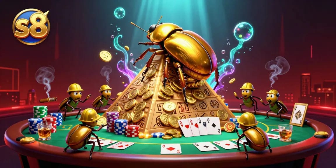 Engage with s8's casino action featuring a golden beetle rolling coins amidst vibrant poker tables and colorful chips.