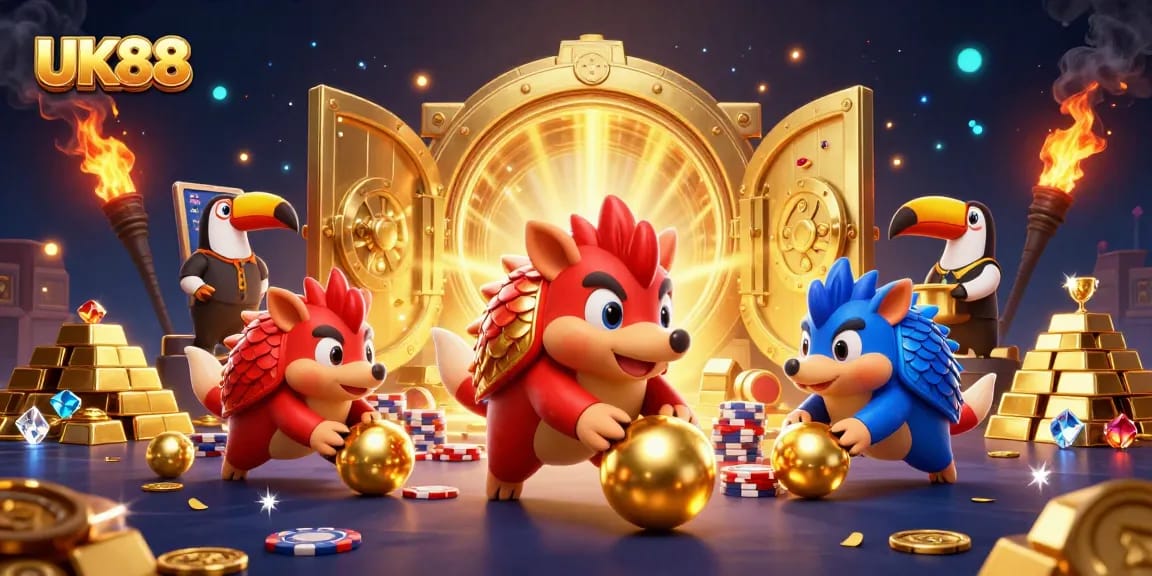 Experience thrilling UK88 casino action with rival pangolins competing amidst golden treasures and poker chips.