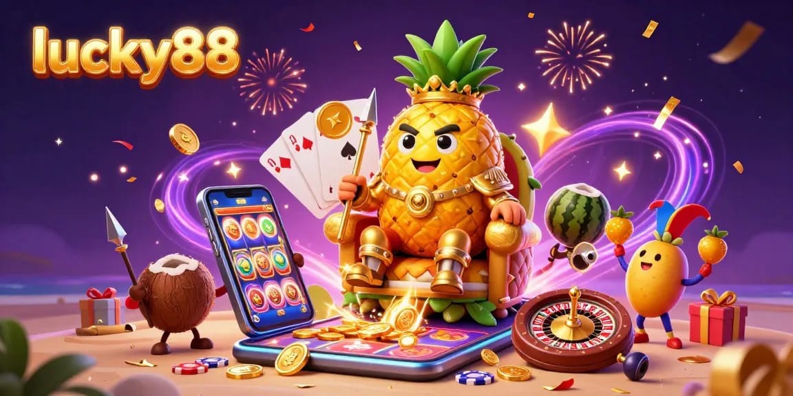 Experience winning with lucky88 as the pineapple king, jester, and bodyguards engage in a vibrant casino celebration.