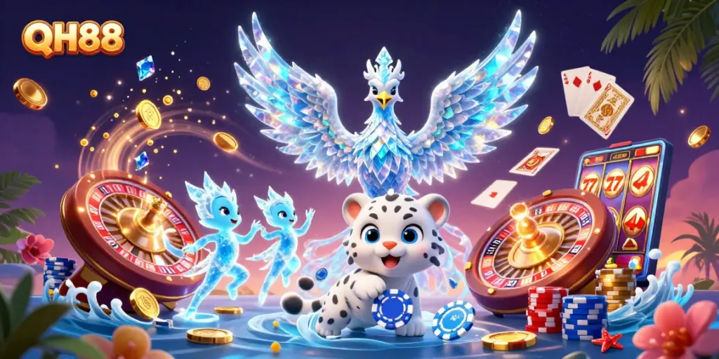 Experience thrilling gaming with QH88 in this vibrant 3D casino illustration brimming with action.
