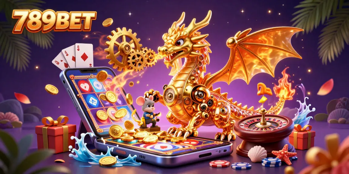 Engage with 789BET through an interactive casino scene featuring a golden dragon and vibrant gaming elements.