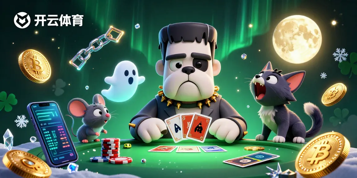 Engage with 开云体育 as a 3D cartoon scene depicts a bulldog monster dealing cards amidst neon crypto coins and a mystical background.