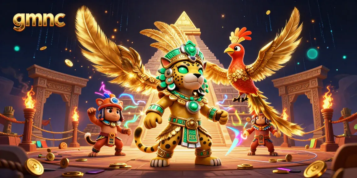 Experience vibrant gmnc gaming with a Mayan priest and quetzal bird in a dynamic casino scene.