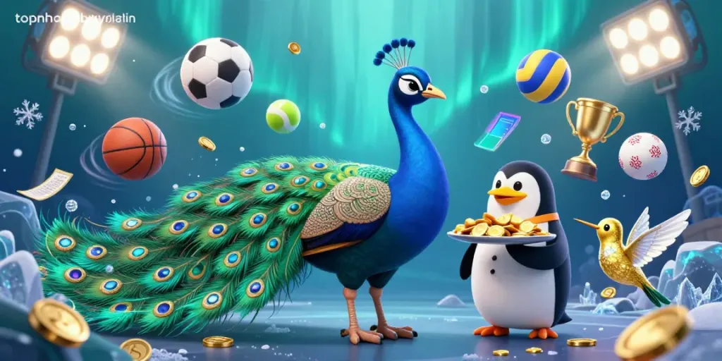 Experience vibrant gaming action with topnhacaiuytin in a dynamic scene featuring a peacock, penguin, and hummingbird.