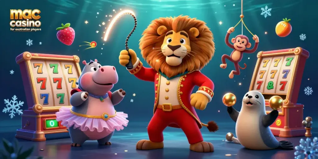 Engage with the mac casino for australian players in a vibrant circus-themed casino scene featuring animated characters.