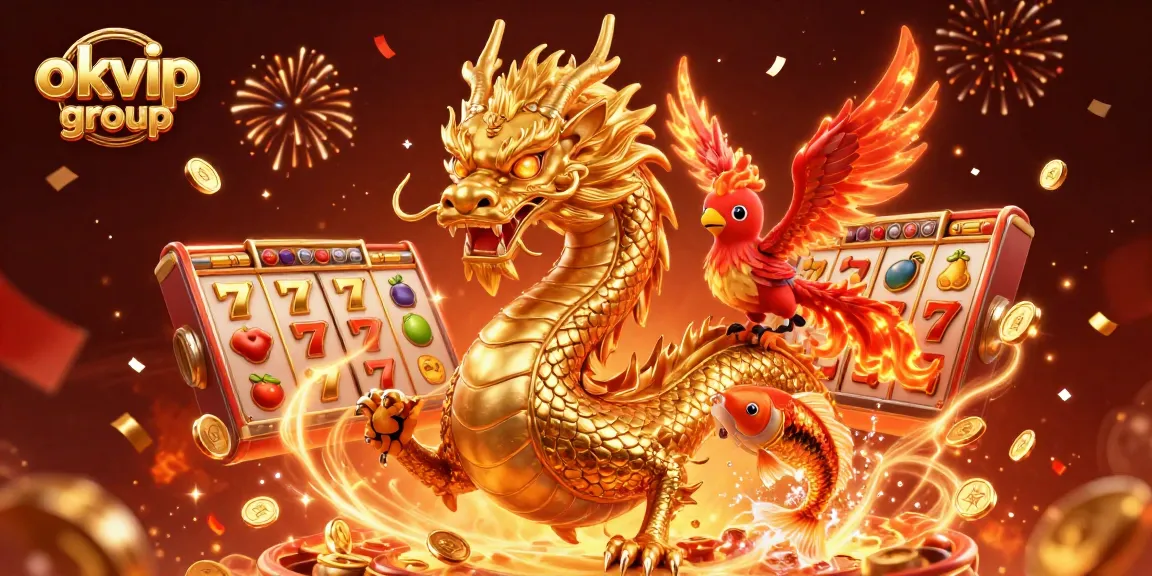 Join the excitement of the okvip group as a fierce dragon, phoenix, and koi fish celebrate a jackpot amidst vibrant casino elements.