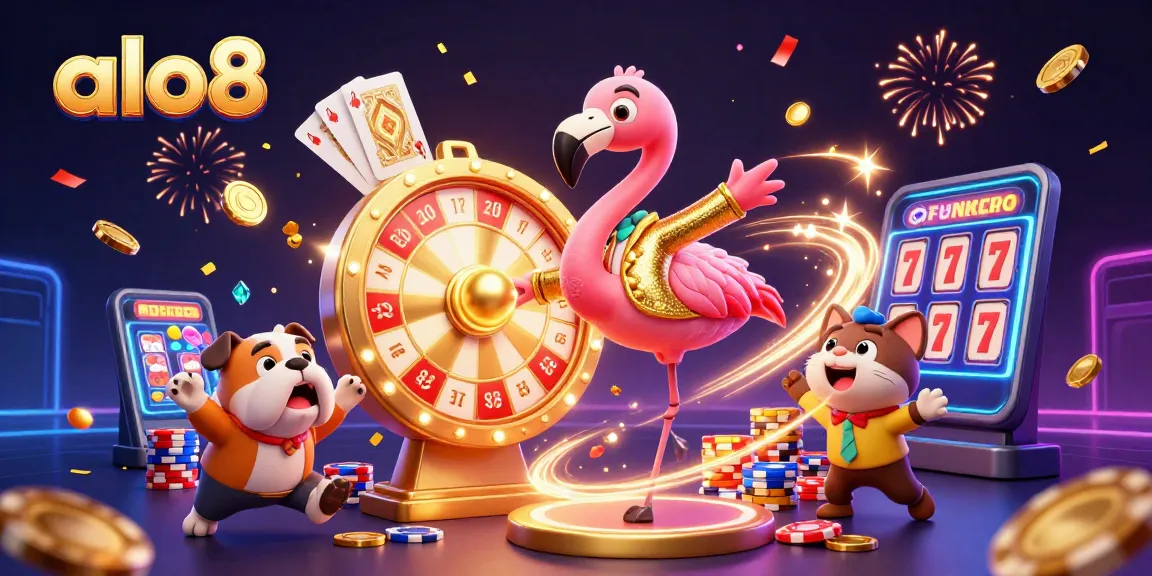 Alo8's exciting online casino scene featuring a flamingo host, contestant bulldog, and prize cat assistant