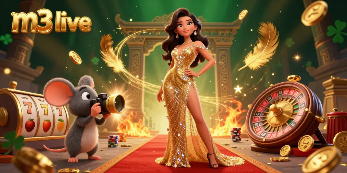 Join the excitement at m3 live casino with a glamorous woman and dynamic gaming elements.