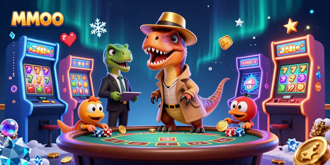 MMOO velociraptor card counter sneaks chips at a vibrant blackjack table in a colorful casino setting.