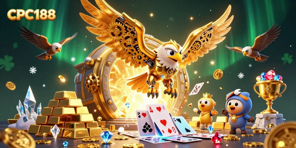 CPC188 showcases a dynamic scene with a golden eagle diving through holographic playing cards amid sparkling jewels and gold.