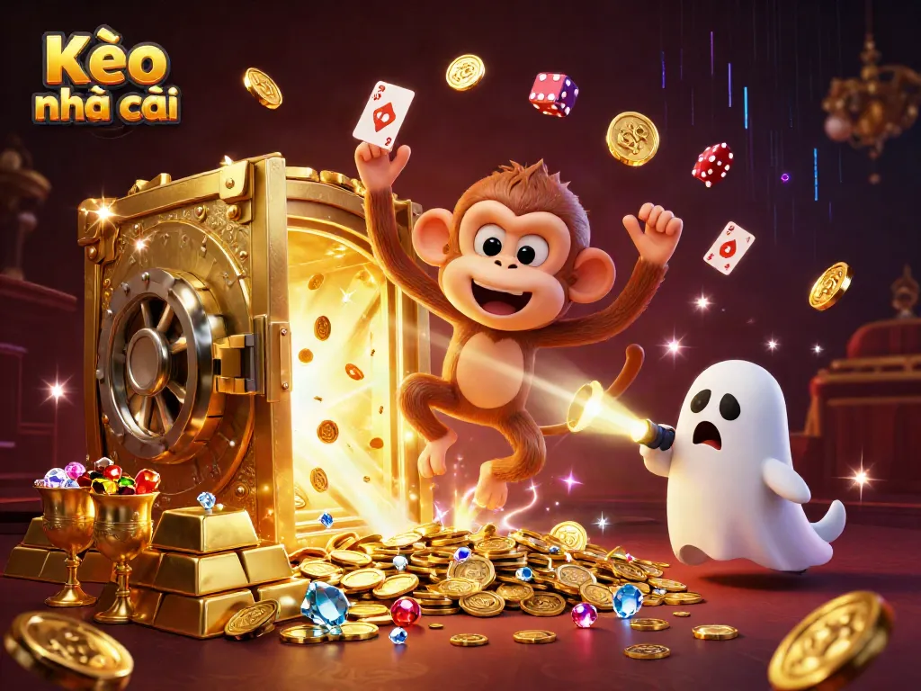 Experience the thrill of Kèo nhà cái in a haunted casino with a playful poltergeist monkey and a curious puppy.