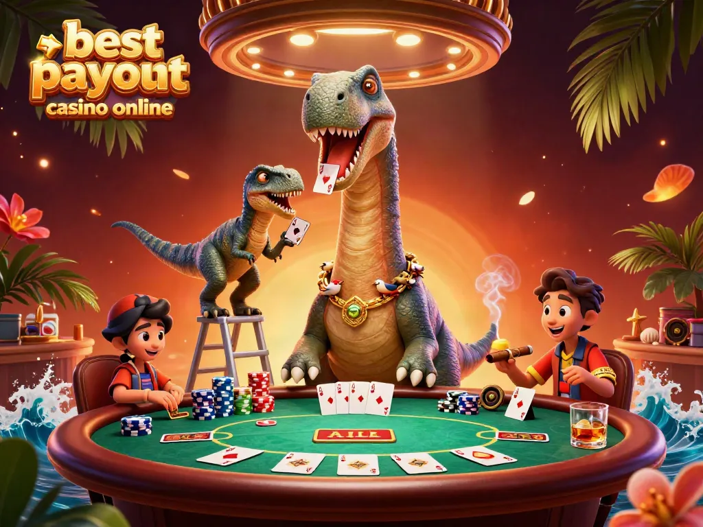 Experience the excitement of the best payout casino online with playful dinosaur characters at a lively poker table.