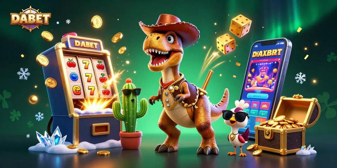 Spin and win with DABET's dynamic slot adventure featuring a T-Rex cowboy and gaming action.