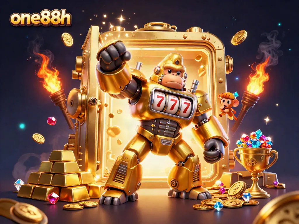 Experience thrilling wins and gaming extravaganza at one88h with a golden gorilla mech and treasure!