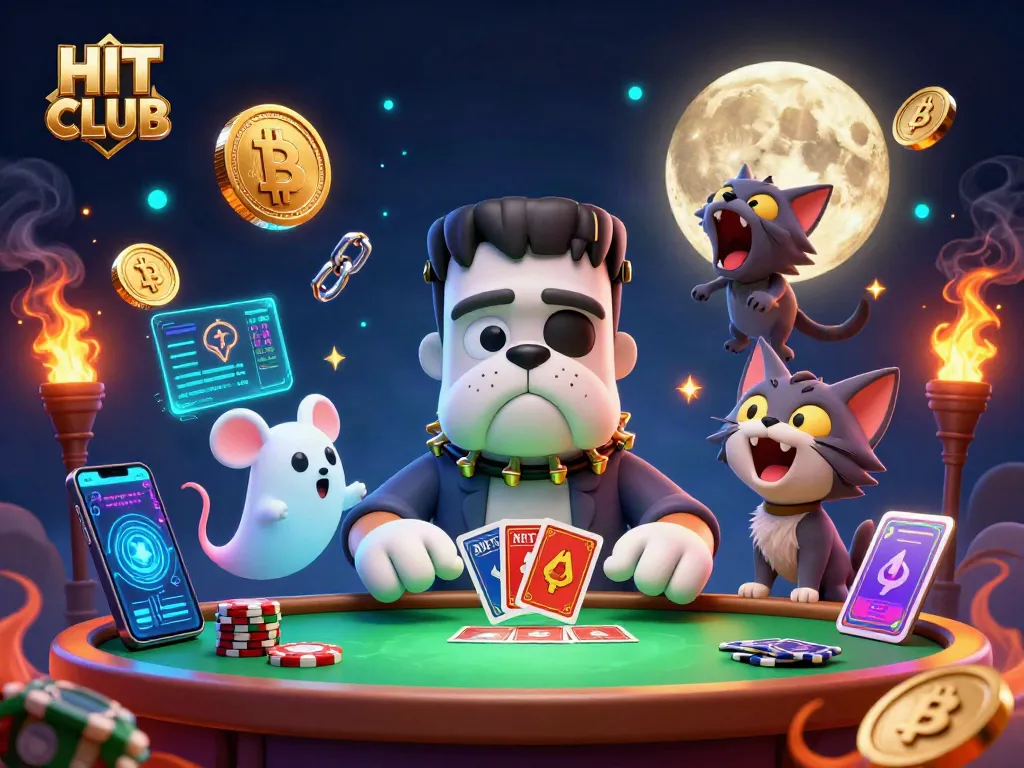 Engage in an exciting HIT CLUB gaming experience with vibrant characters and crypto elements.