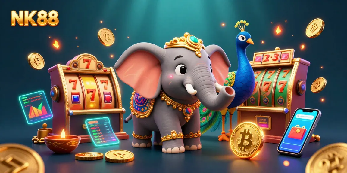 Engage with NK 88's casino adventure featuring vibrant 3D elephant and peacock amidst slots and crypto elements.