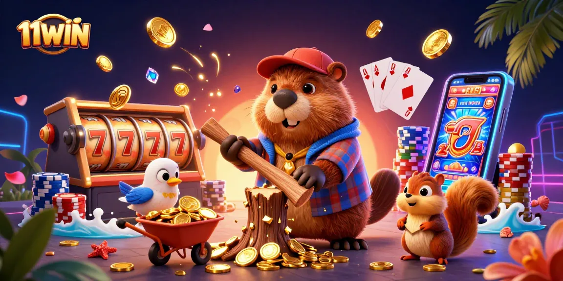 Experience the thrill of slots with 11WIN as the beaver chops a tree raining coins and acorns.